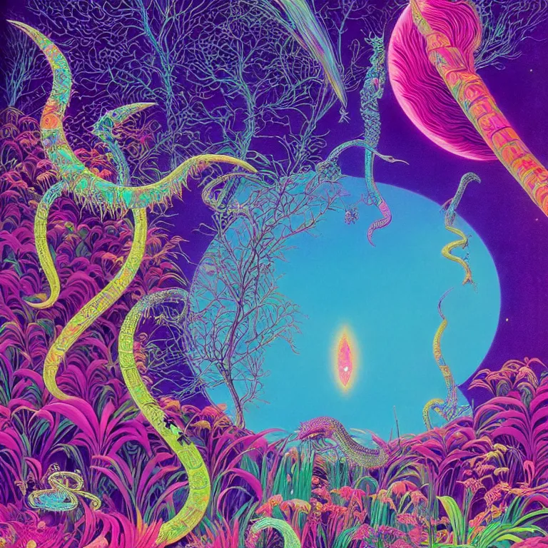 Image similar to pink crescent moon, magical crystal towers, hallucinogenic smoke serpent, bright neon colors, highly detailed, cinematic, hiroo isono, eyvind earle, philippe druillet, roger dean, lisa frank, aubrey beardsley, ernst haeckel