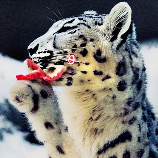 Image similar to a snow leopard with a blunt in his mouth smoking, award-winning photograph