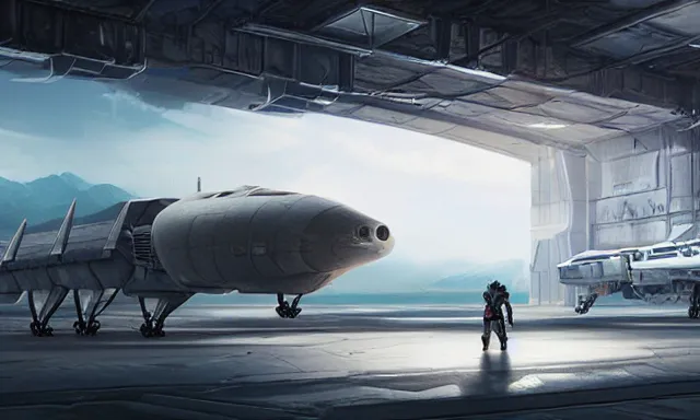 Image similar to matte painting, digital painting, high quality, unreal engine 5, a sci fi hangar