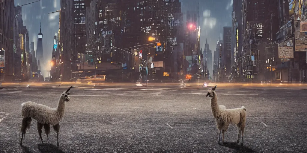 Image similar to a llama walking through a desolate manhattan city street at night, statue of liberty seen in the background, realistic 4 k octane beautifully detailed render, 4 k post - processing, highly detailed, detailed face, intricate complexity, epic composition, magical atmosphere, cinematic lighting, masterpiece, ultra hd