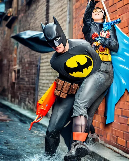 Image similar to happy batman firing super soaker water gun at playful criminals in an alleyway, everyone having fun, product advertisement, photography