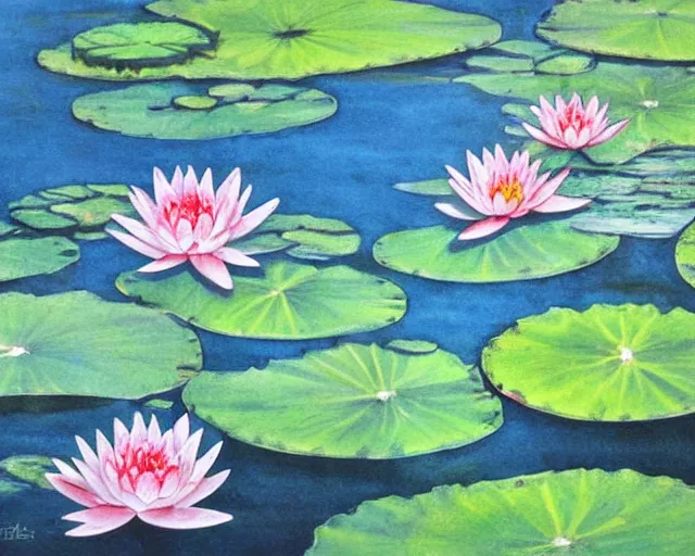 Image similar to a beautiful painting of a water lily pond, japanese watercolor,