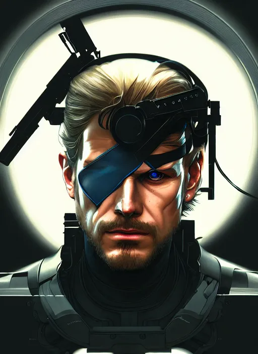 Image similar to symmetry!! portrait of solid snake, metal gear solid, tech wear, glowing lights!! intricate, elegant, highly detailed, digital painting, artstation, concept art, smooth, sharp focus, illustration, art by artgerm and greg rutkowski and alphonse mucha