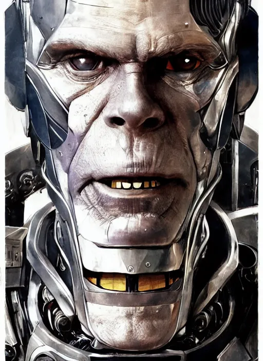 Image similar to portrait of willem dafoe as tinman, cyborg, borg, android, strogg, face of a man, robocop, cable, victor stone, ultron, terminator, machine, flesh, quake, doom demon, wolfenstein, monster, symmetry, symmetrical, concept art by ruan jia and greg rutkowski