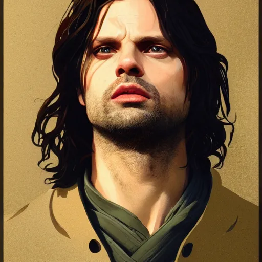 Image similar to sebastian stan as aragorn by ilya kuvshinov, leonardo divinci, greg rutkowski, alphonse mucha, mystical cosmic lighting, octane render, artstation, rey tracing, golden ratio, rule of thirds, perfect composition