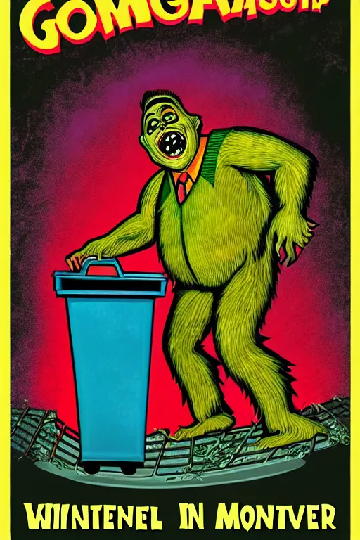 Prompt: vintage goosebumps cover art style illustration of a monster coming out of a garbage can.