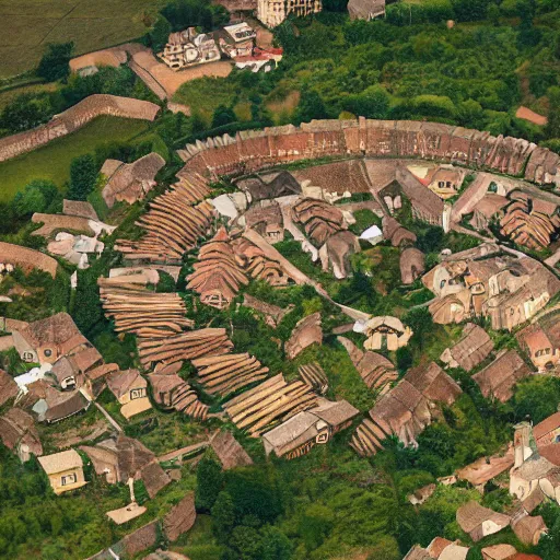 Prompt: Aerial establishing shot of a medieval village surrounded by circular wood palisade