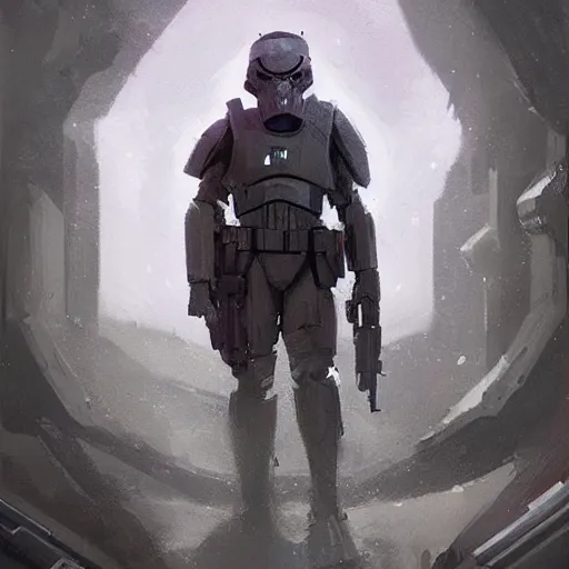 Image similar to concept art of a portrait by greg rutkowski, a soldier of the galactic dominion wearing gray and purple tactical gear, star wars expanded universe, smooth, sharp focus, artstation hq.