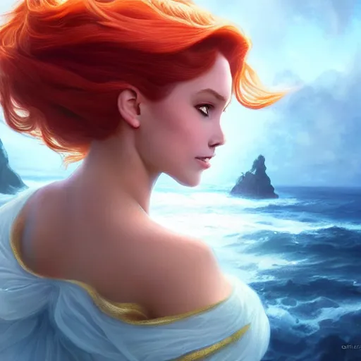 Prompt: beautiful young princess ariel, like human closeup, with the face of ariana grande, sea background, d & d, fantasy, elegant, highly detailed, digital painting, artstation, concept art, matte, sharp focus, illustration, art by artgerm and greg rutkowski and alphonse mucha