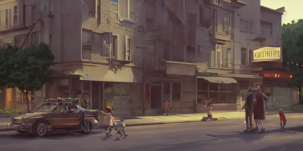 Image similar to empty residential building with owned by bank sign and homeless family outside on a street in a cardboard on curb in a city by Craig Mullins, ilya kuvshinov, krenz cushart, artgerm trending on artstation by Edward Hopper and Dan Mumford and WLOP and Rutkovsky, Unreal Engine 5, Lumen, Nanite