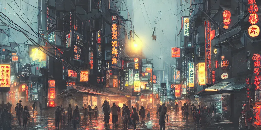 Prompt: japan style, small building, city, street, science fiction, cyberpunk, rain day, wide angle, full of people, moon, a lot of lights, cinematic lighting, high detail, digital painting, concept art, illustration, smooth, sharp focus, trending on artstation, trending on deviantart, 4 k