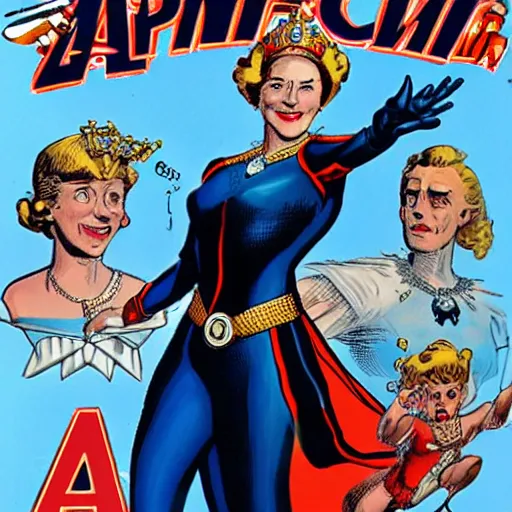 Prompt: Queen Elizabeth as Captain Britainica from Marvels Avengers, age of Duracell