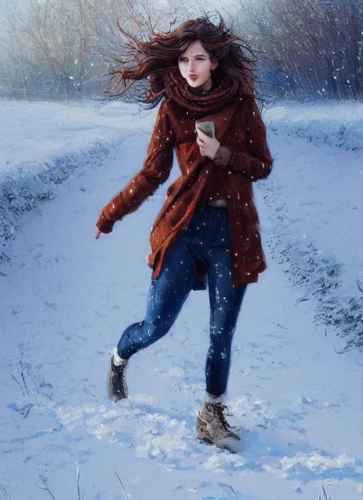 Prompt: 2 5 years old woman with short wavy curly light brown hair and blue eyes wearing colorful winter clothes is running in a snowy field. beautiful painting by artgerm and greg rutkowski