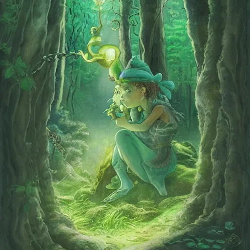 Image similar to a green genie ready to grant wishes deep in the forest, fantasy illustration, Miyazaki