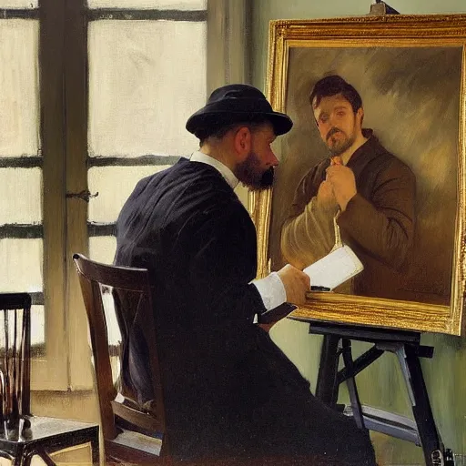 Prompt: a man painting a portrait of himself by emile friant