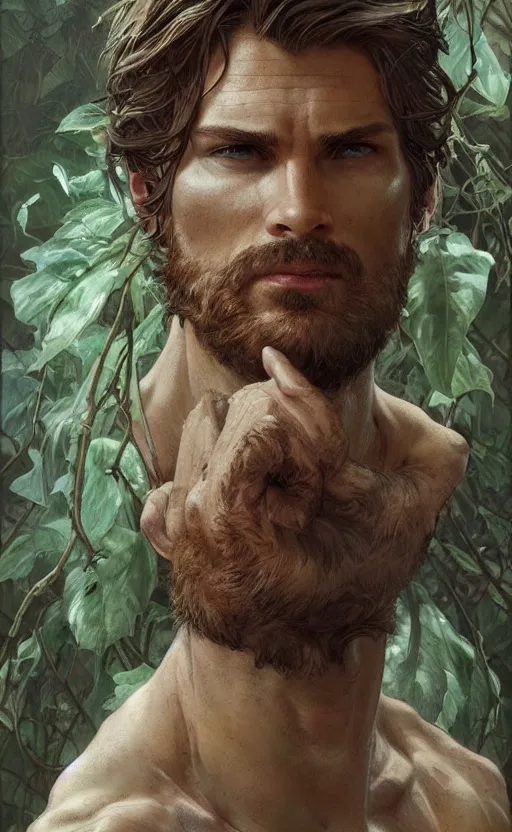 Image similar to portrait of the god of the forest, 25 years old, rugged, male, gorgeous, detailed face, amazing, thighs!!!!!!, muscular, intricate, highly detailed, digital painting, artstation, concept art, sharp focus, illustration, art by greg rutkowski and alphonse mucha