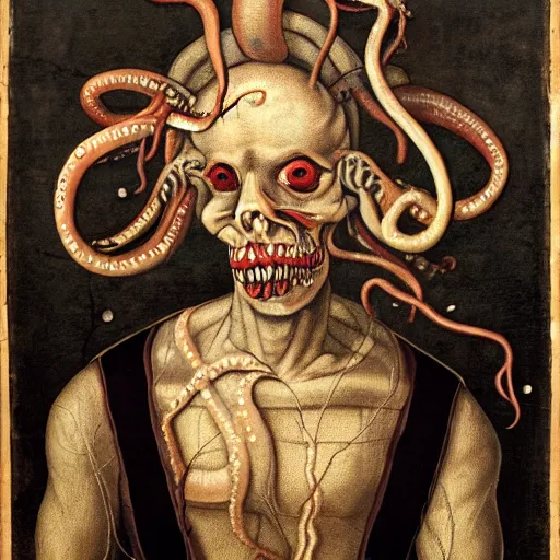 Prompt: renaissance above the shoulder portrait of monster with pale cracked skin, red eyes, infested face tentacles and bad swollen skin