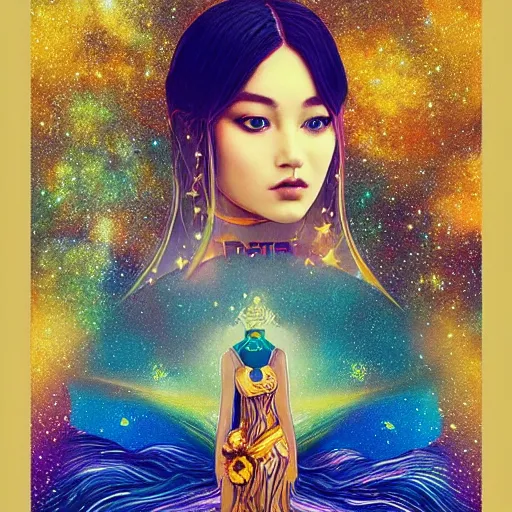 Image similar to camera floating among stars, tarot card, intricate beautiful female goddess, field various angles by ross tran, water, golden ratio, vivid colors, trending on ArtStation, cgsociety gustav klimt frame, bokeh