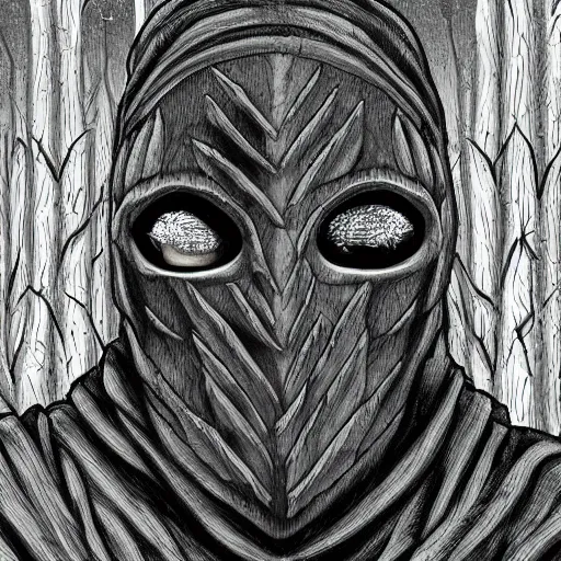 Prompt: hyper-detailed digital painting of a masked man in a dark forest