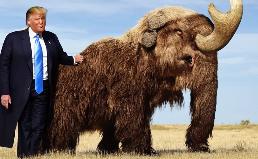 Image similar to Donald Trump in a baby mammoth costume , with an open face