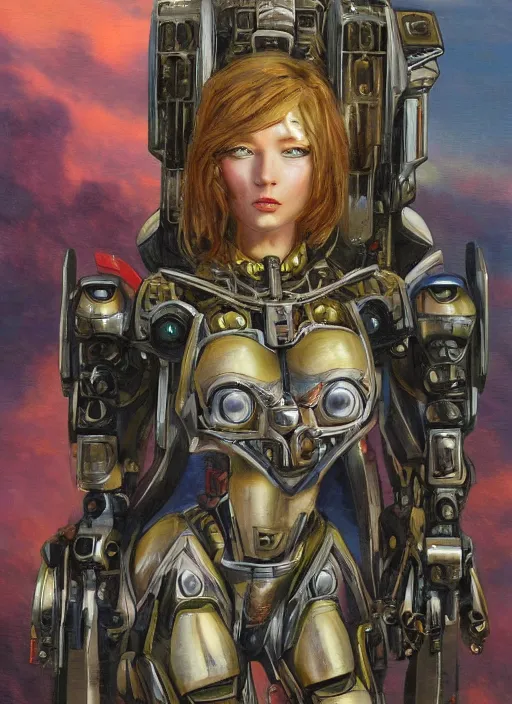 Image similar to biblical shy beautiful female mecha mage valkyree android on a bird, jump, rollerblades, heavy eyes to the side, closeup, bright glowing veins, in clouds, sunset, portrait, by gerald brom, by mikhail vrubel, by peter elson, muted colors, extreme detail, reflections, trending on artstation, 8 k