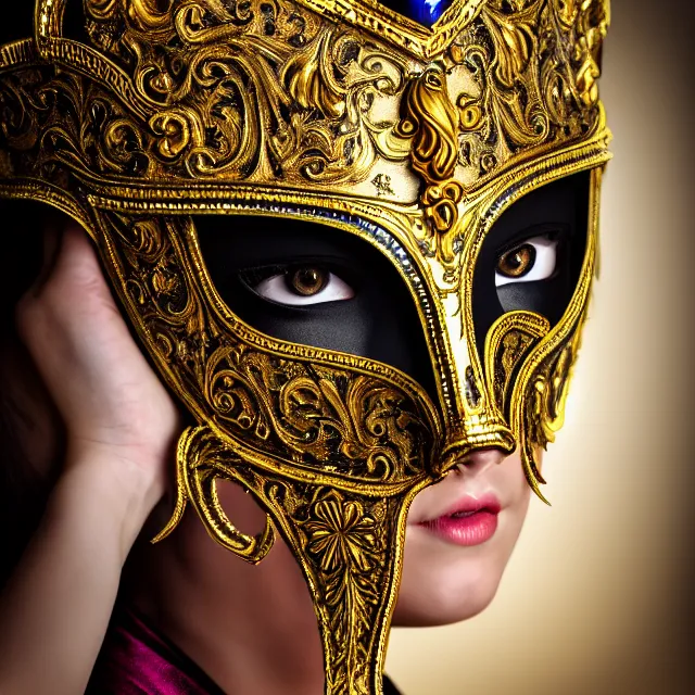 Image similar to full length portrait photo of a female warrior with ornate venetian mask highly detailed, 8 k, hdr, close up, smooth, sharp focus, high resolution, award - winning photo