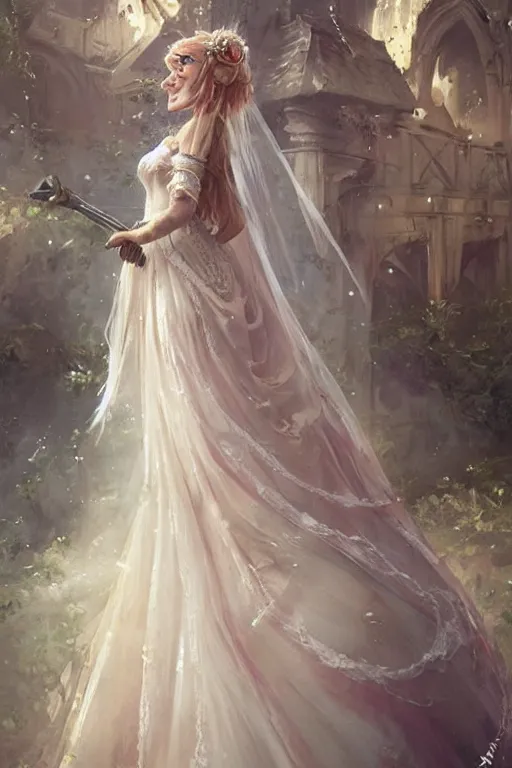 Image similar to Princess Peach in her wedding dress, extremely long hair, epic fantasy art by Greg Rutkowski