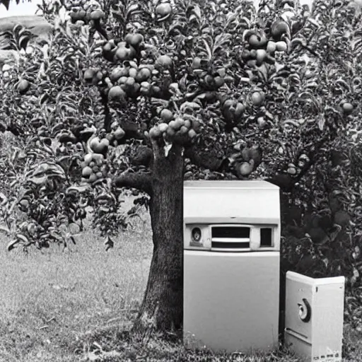 Image similar to a vintage photo of an old apple computer with an apple tree growing out of it