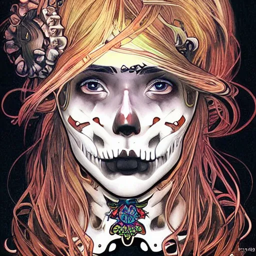 Image similar to manga skull portrait girl female skeleton Candy realism hyperrealistic art will cotton alphonse mucha pop art fairey