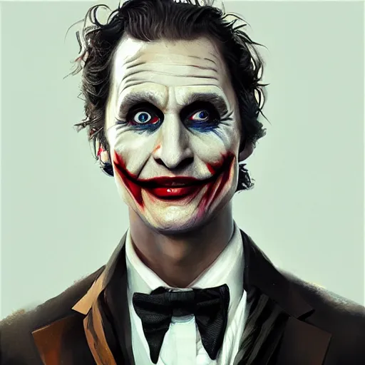 Image similar to matthew mcconaughey as joker, painted by wenjun lin, greg rutkowski