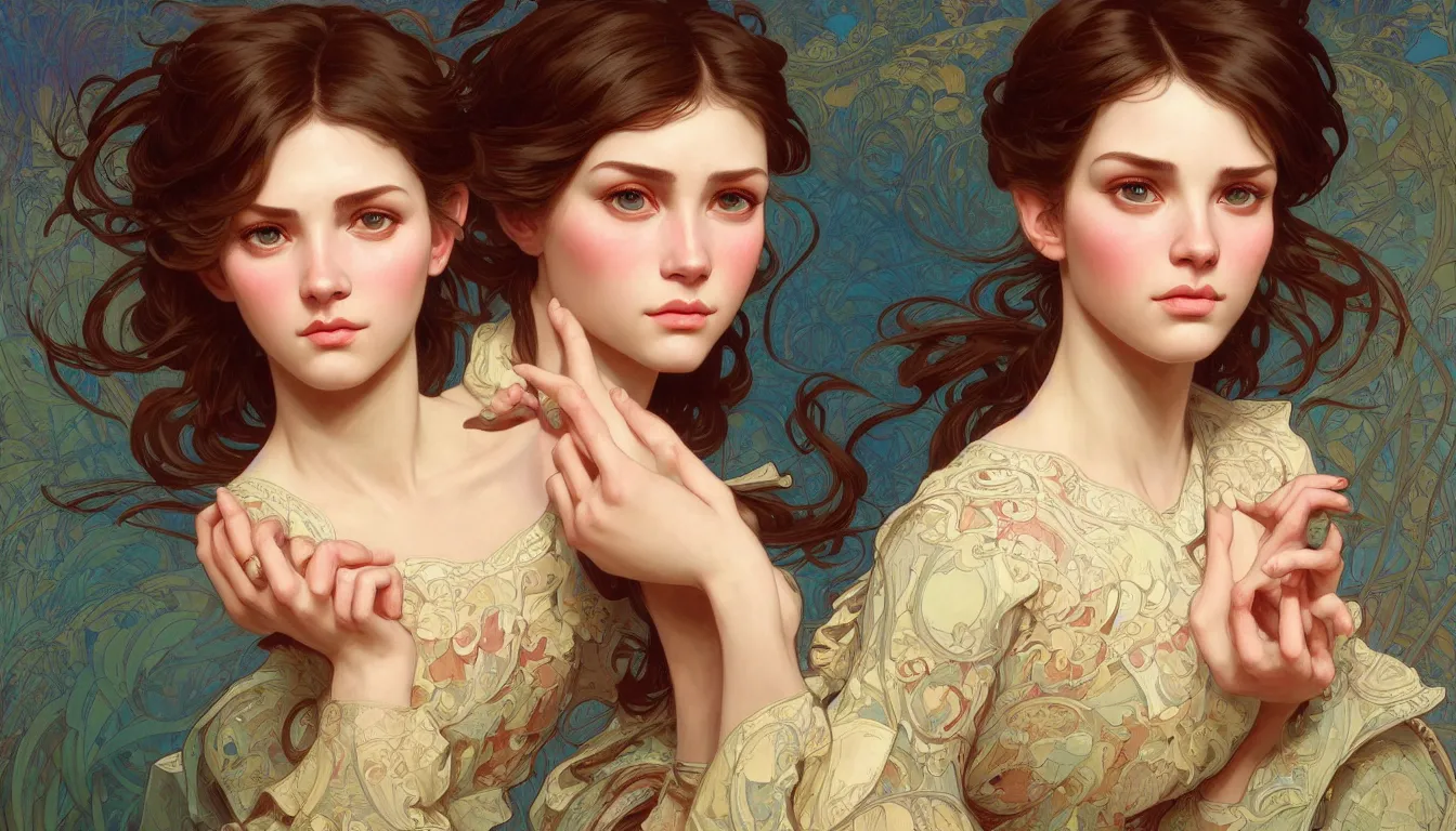 Image similar to excellent painted portrait of one pretty girl with upturned nose, high quality masterpiece painted, patterned background, 4 k, trending on artstation, octane render, art by james jean and artgerm and greg rutkowski and alphonse mucha and craig mullins and james jean and andrei riabovitchev and marc simonetti and peter mohrbacher