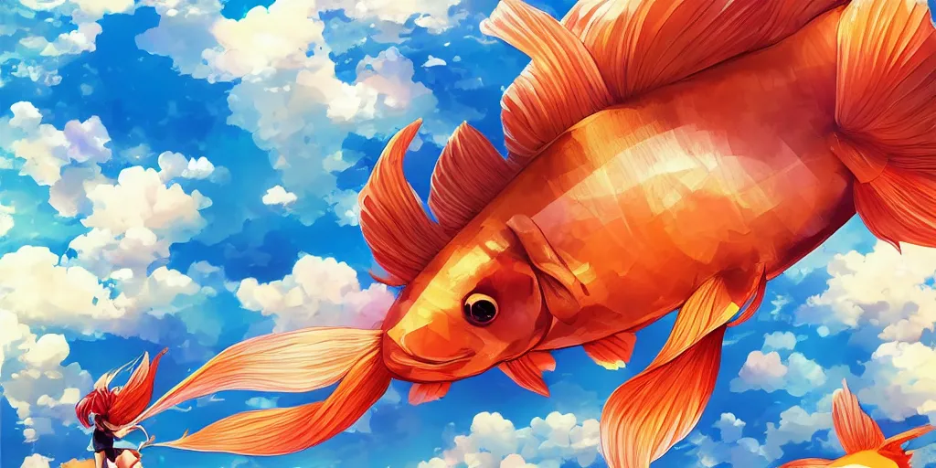 Prompt: giant goldfish swimming through the big puffy clouds, large polygonal background elements, large polygons, dramatic anime, dramatic lighting, artgerm, manga, trending on artstation, art nouveau, mature colors