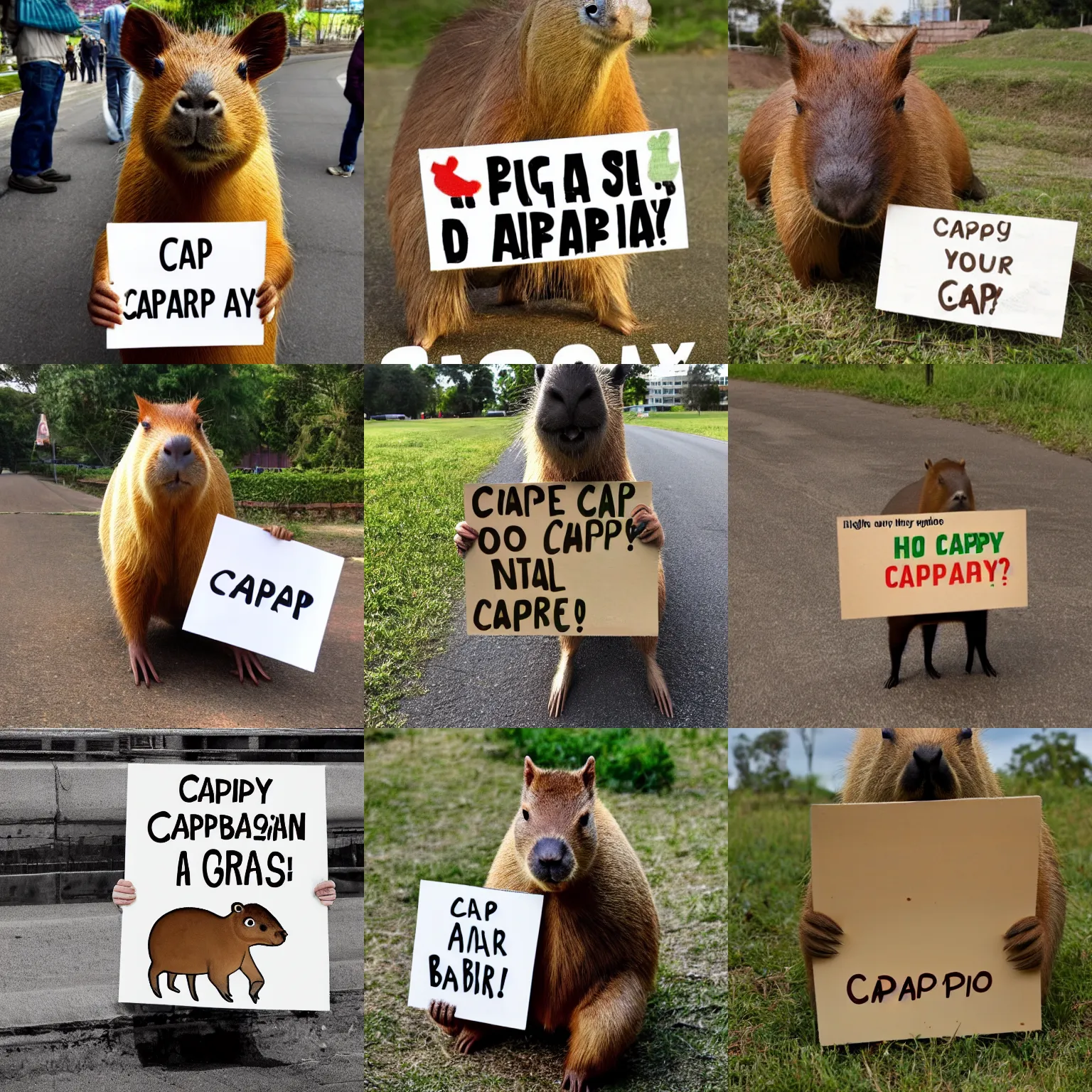 Image similar to realistic high quality photo of a capybara holding a sign with text that reads : capybara