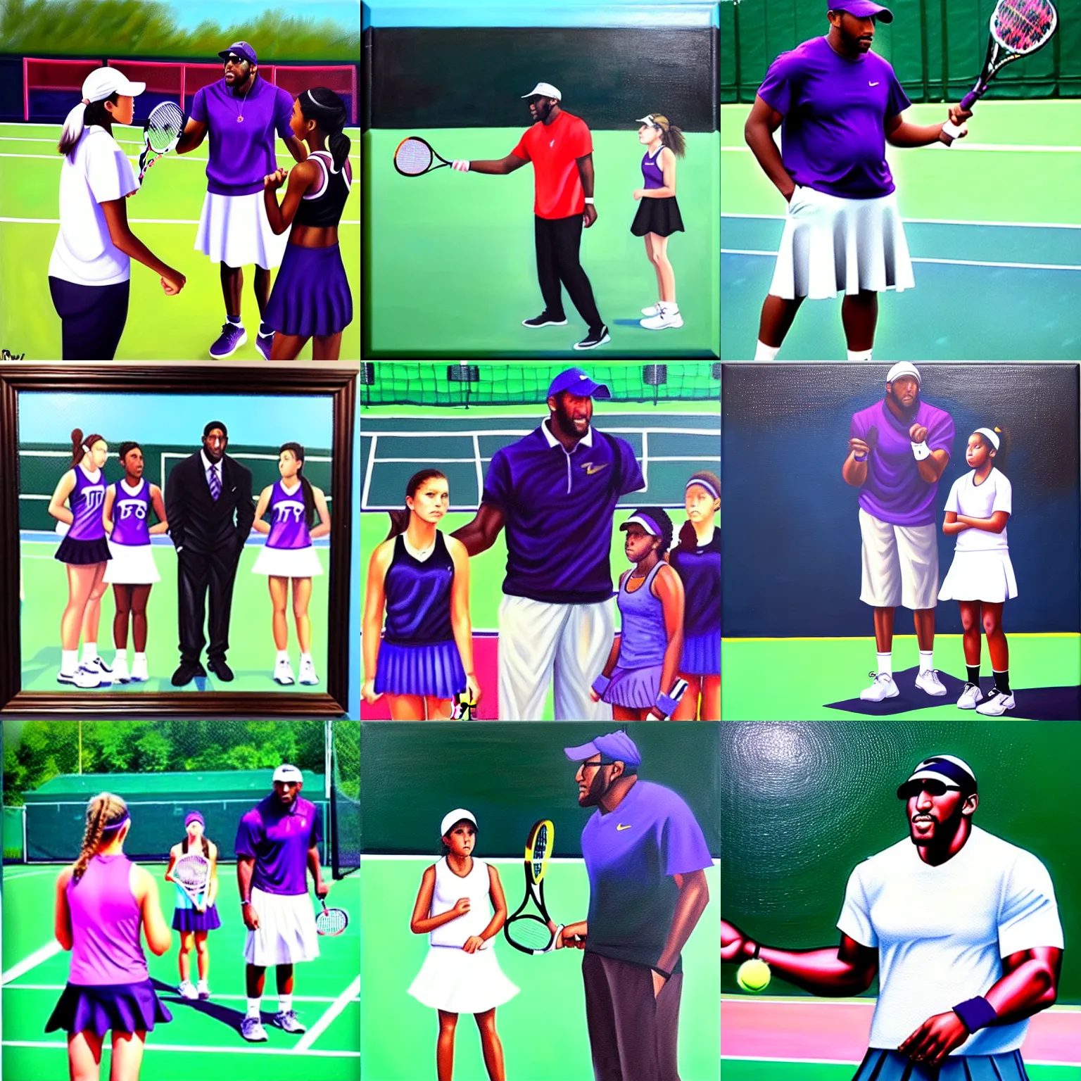 Prompt: ray lewis coaching high school girls tennis, oil on canvas