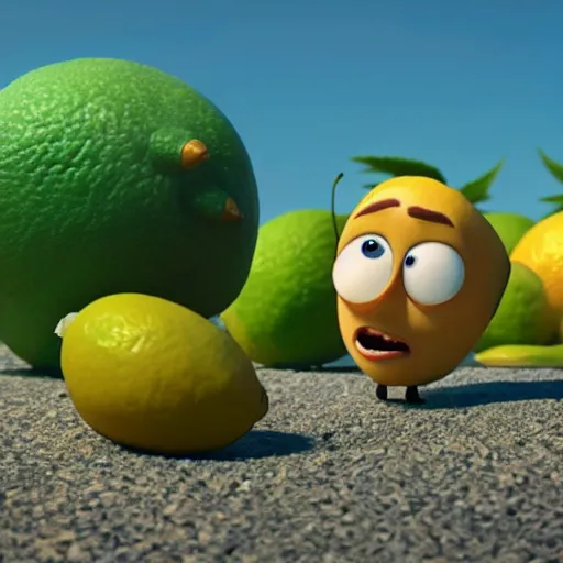 Image similar to a cinematic fill still from a 2022 Pixar movie about anthropomorphic lemons and limes, in the style of Pixar, shallow depth of focus