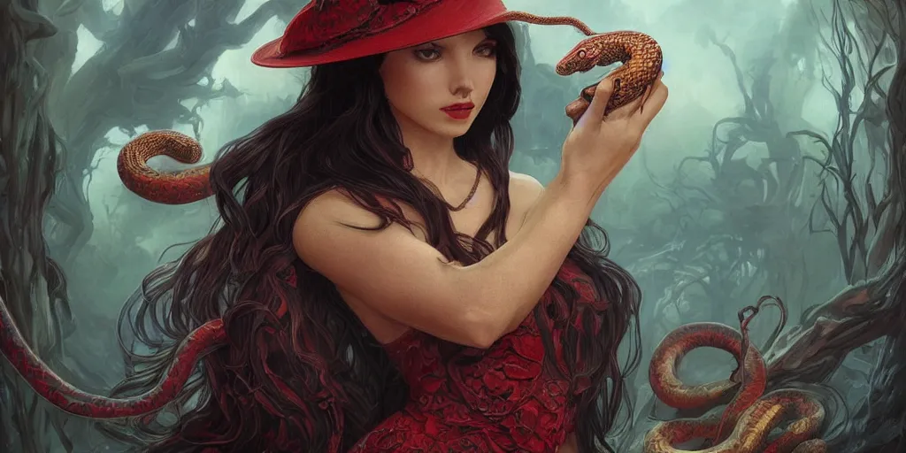 Prompt: red hat wizard woman with snakes in her dark hair, hydra, deep focus, intricate, elegant, highly detailed, photorealistic rendering, sharp focus, illustration, hearthstone, art by artgerm and greg rutkowski and alphonse mucha