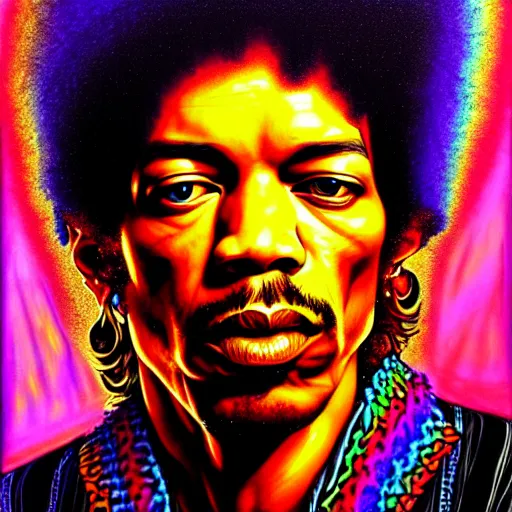 Image similar to portrait of jimi hendrix, extremely psychedelic, surreal, dramatic lighting, detailed, intricate, highly detailed, digital painting, artstation, concept art, smooth, sharp focus, illustration