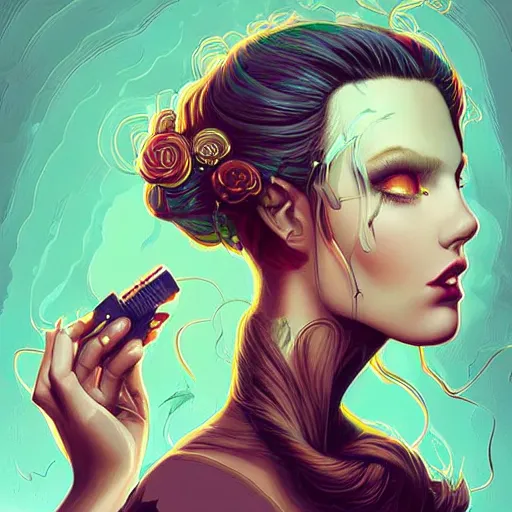 Image similar to beautiful woman using a baby liss on her own hair. digital art by Dan Mumford and Peter Mohrbacher, highly detailed, trending on ArtStationHQ