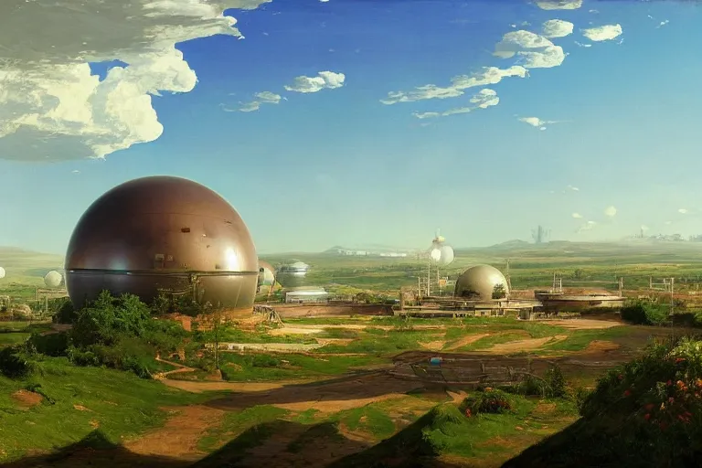 Prompt: a beautiful impressive science fiction big factory with a spherical architecture designed by boeing military and star wars with fat cables and pipes at its base, on a beautiful green hill in a the french countryside during spring season, painting by studio ghibli backgrounds and frederic edwin church hd, nice spring afternoon lighting, smooth tiny details, soft and clear shadows, low contrast, perfect