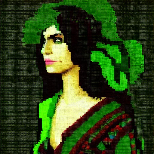 Prompt: Portrait of a green haired woman, pixelart