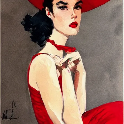 Image similar to a french fashion model posing in a red dress by coby whitmore