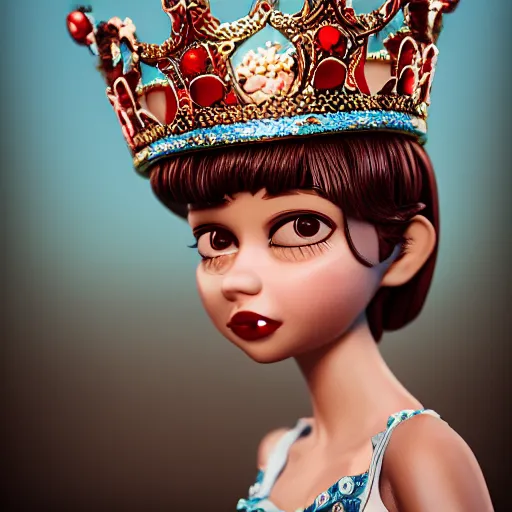 Image similar to closeup face profile portrait of a tin toy fairytale princess wearing a crown eating cakes, bikini, depth of field, zeiss lens, detailed, symmetrical, centered, fashion photoshoot by max fleischer, hyperrealistic, octane render