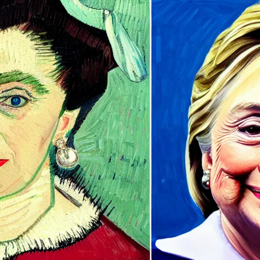 Prompt: detailed oil portrait of hillary clinton wearing pearl earrings, painted by van gogh