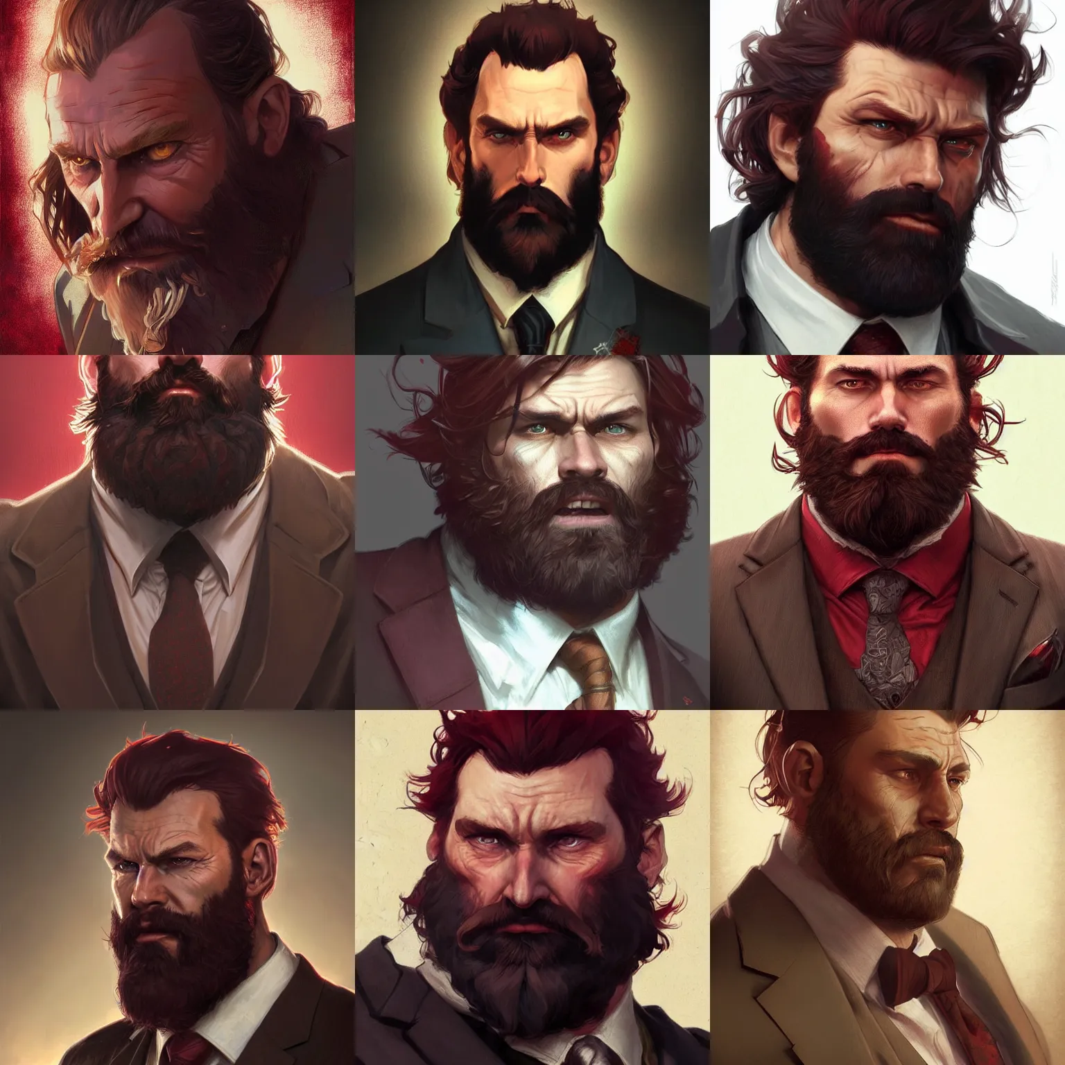 Prompt: rugged dark red-bearded man in suit, fantasy, D&D, portrait, piercing stare, highly detailed, digital painting, artstation, concept art, sharp focus, illustration, art by artgerm and greg rutkowski and alphonse mucha