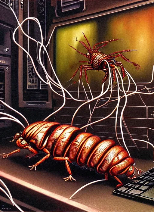 Prompt: realistic detailed image of a cockroaches eating a brain connected with wires and cords to a PC computer from 90s in an old dirty soviet apartment by Ayami Kojima, Amano, Karol Bak, Greg Hildebrandt, and Mark Brooks, Neo-Gothic, gothic, rich deep colors. Beksinski painting, part by Adrian Ghenie and Gerhard Richter. art by Takato Yamamoto. masterpiece. realistic detailed image