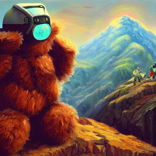 Image similar to cyberpunk surrealist oil painting of a teddy bear practicing ninjutsu atop a mountain