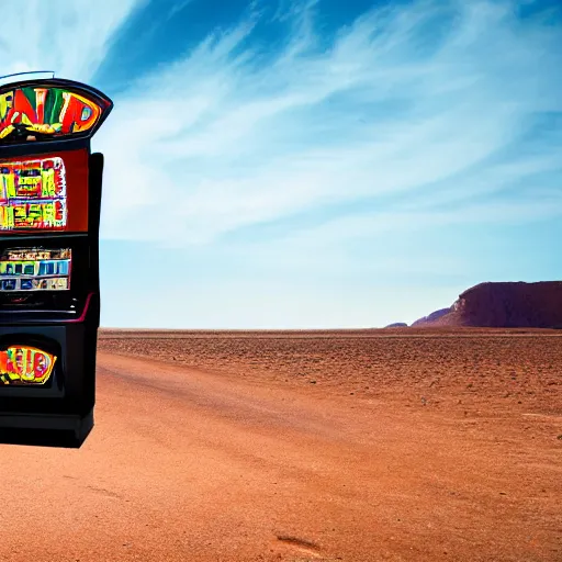 Image similar to a distant slot machine in the middle of a desert, wide shot, establishing wide shot, dark lighting, long exposure photography, slow shutter,