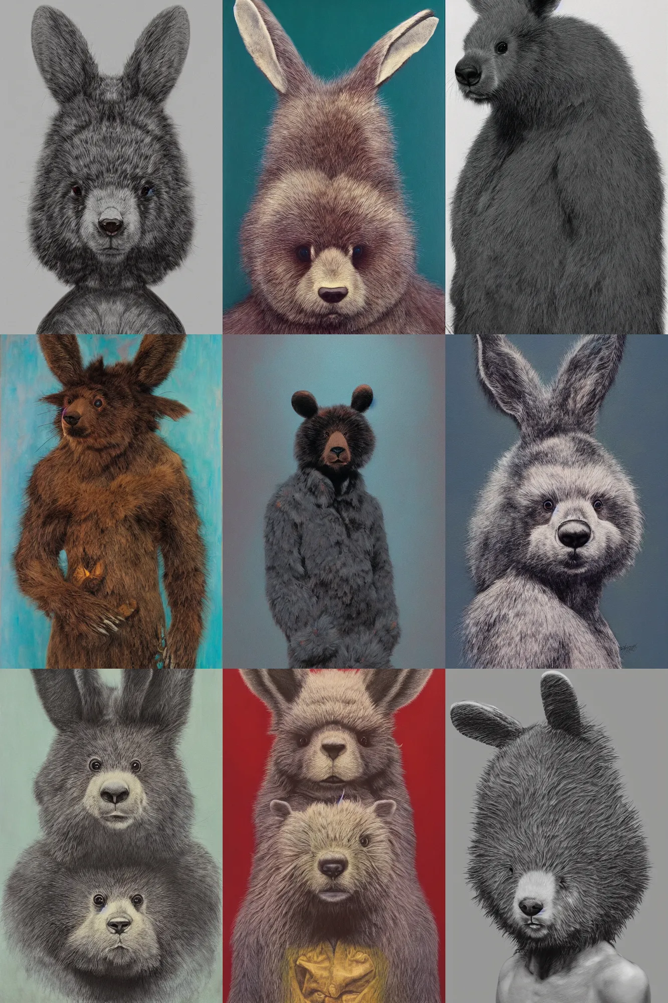 Prompt: painting by basquiat, zdzislaw beksinski, james jean, artgerm, rutkowski, moebius, gustav klimt, studio ghibli style, porcelain organic, detailed fur, ( ( ( ( ( bear rabbit hybrid ) ) ) ) ) character portrait, octane rendering