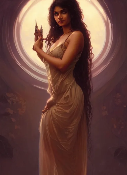 Image similar to cute brown woman wearing a transparent night gown, fantasy, intricate, highly detailed, digital painting, artstation, concept art, wallpaper, smooth, sharp focus, illustration, art by artgerm and greg rutkowski and alphonse mucha