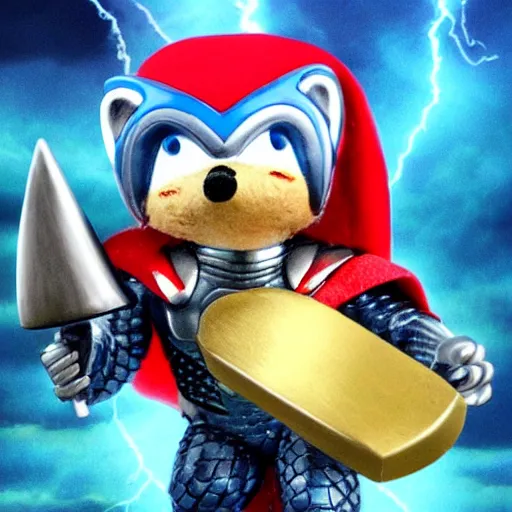 Image similar to the hedgehog thor ~ holding his hammer ~ dramatic thunder background ~ fighting scene ~